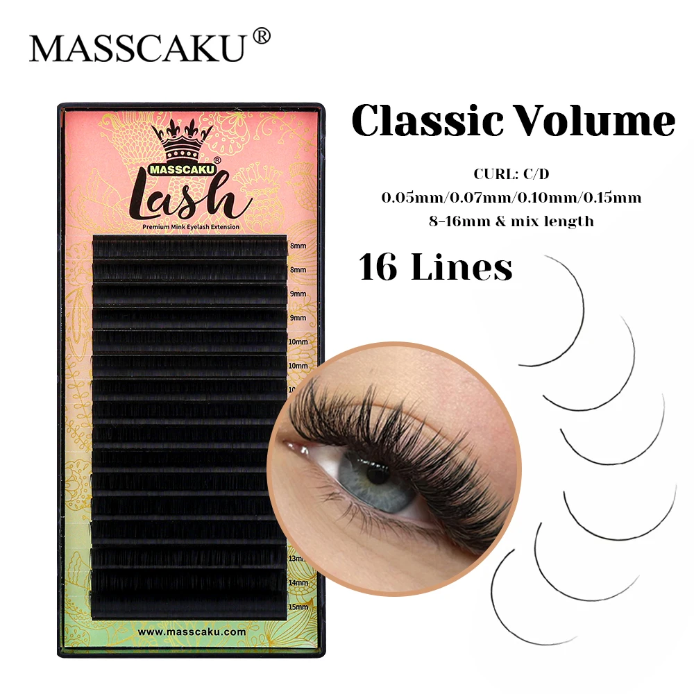 

16 Rows MASSCAKU Matte Black Waterproof Classic Volume Lashes 8-16mm and Mix Length Rapid Grafting Regular Eyelashes Supplies