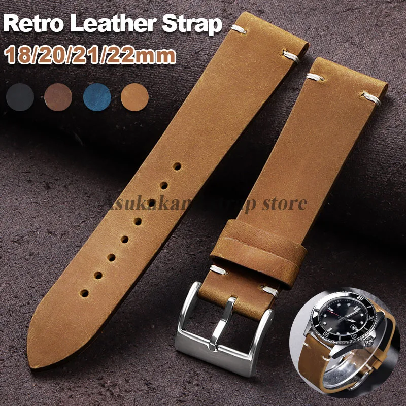 18/20/21/22 มม.นาฬิกาหนังRetroสําหรับนาฬิกาHuawei GT5 GT5Pro GT4 GT3 Handmadeเย็บCowhideสําหรับSeikoสายรัดข้อมือ