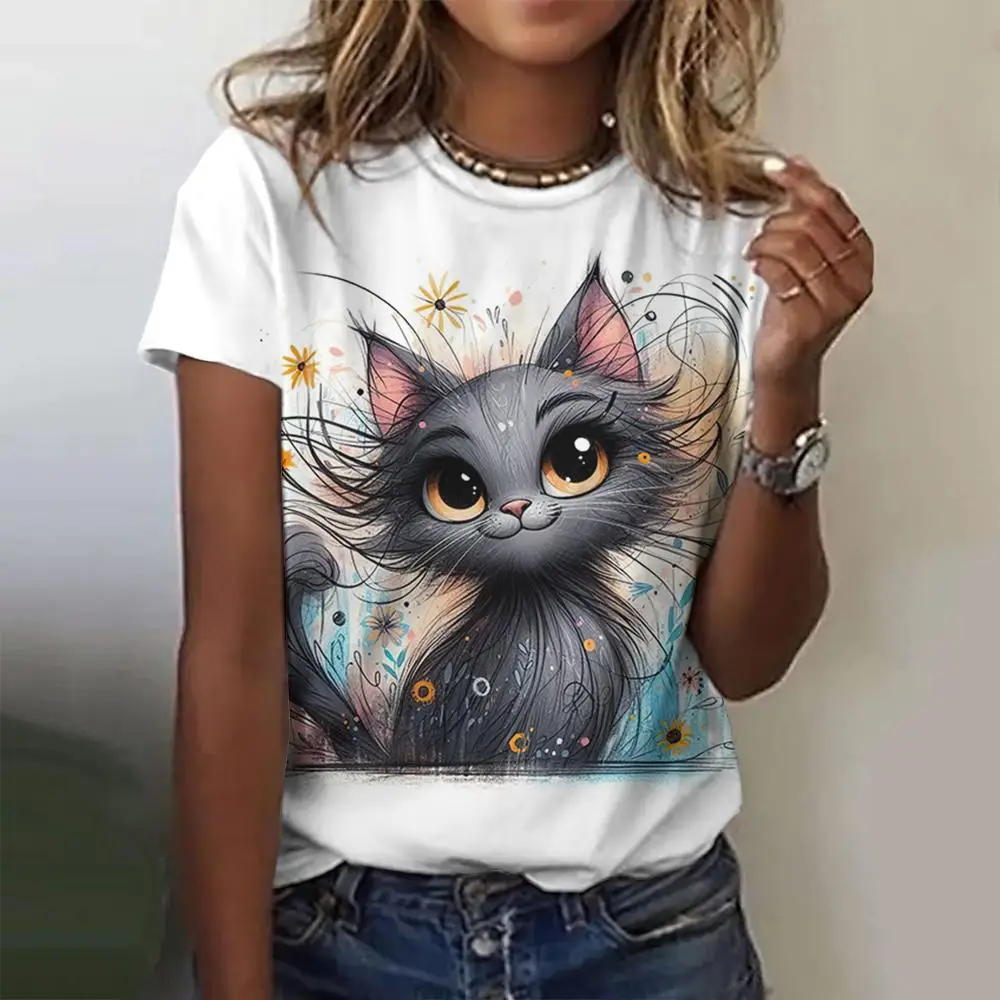 Summer Women's T Shirt 3d Cat Print Fashion Elegant Temperament Short-Sleeve Streetwear Popular Female Oversized Clothing