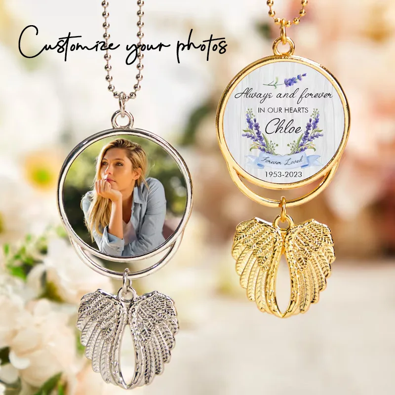 Custom photo angel wing car pendant, double-sided image can be personalised for car rearview mirror, commemorative gift