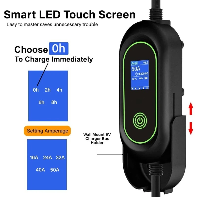 شاحن EV سريع المستوى 2، 240 فولت، 50 أمبير، تيار قابل للتعديل 12 كيلو وات وشحن جدول الزمني، محطة شحن السيارة الكهربائية على الحائط، S