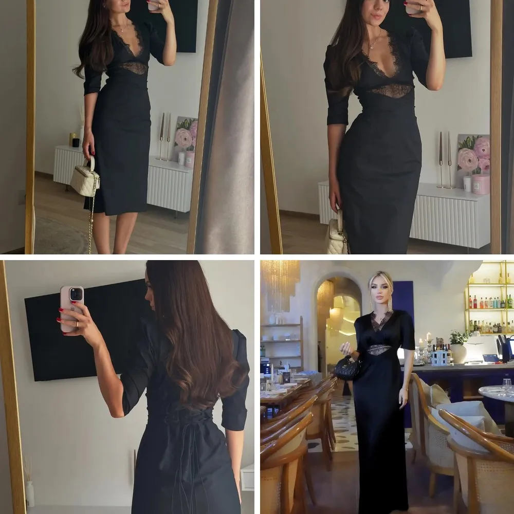 

Elegant Lace Patchwork V-Neck Maxi Dress for Women, Slim Fit Evening Gown for Party 2026 (Characters: 78)