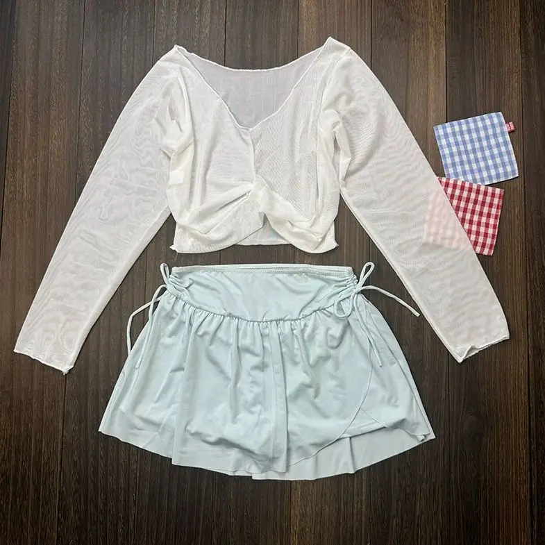 Nova moda conjunto de biquíni feminino saia de cintura alta 3 peça maiô sexy mini saia sem costas tanga maiô