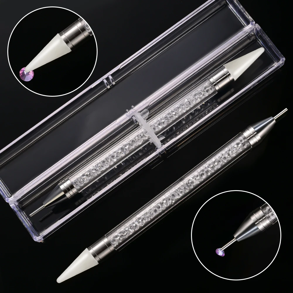 7 色双頭ネイルアート点在ワックスペン + ラインストーンピッカー + 透明ジャケットクリスタルハンドルラインストーンアプリケーターツール