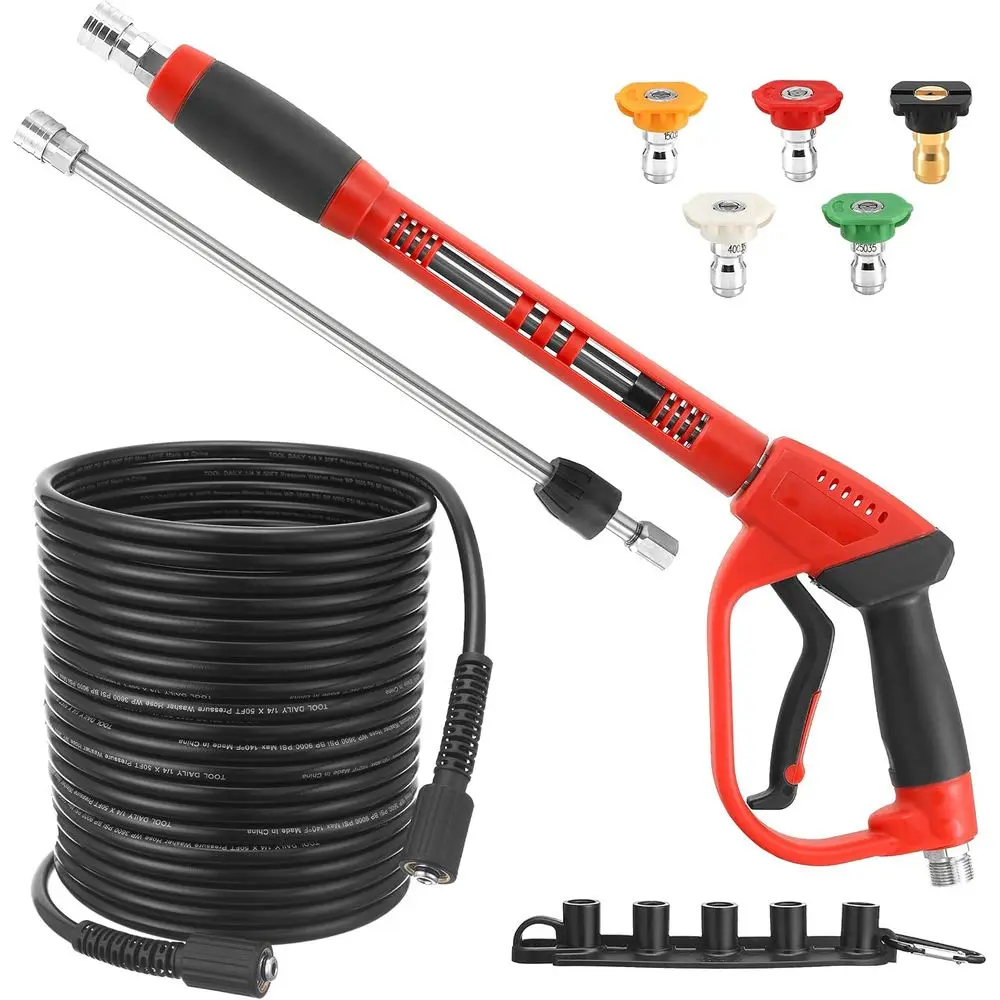 

50ft High-Pressure Washer Hose Kit with Extension Wand and 5 Nozzle Tips, 3600 PSI, M22-14 Thread