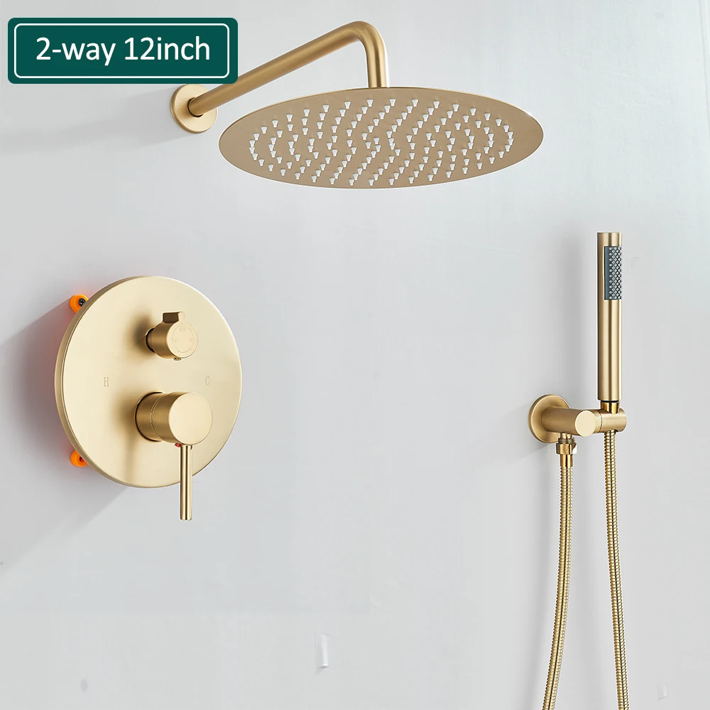 Geborsteld Goud Douchekranen Set Regendouche Systeem Verborgen Warm Koud Water Mixer Kraan Badkamer Ronde Douchekraan