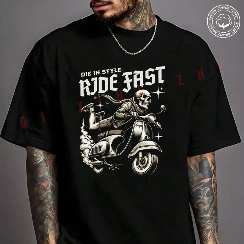 

Moto Men's T-shirt Die In Style Ride Fast Cotton T Shirt Short Sleeve Exquisite Design Essential Top Tees