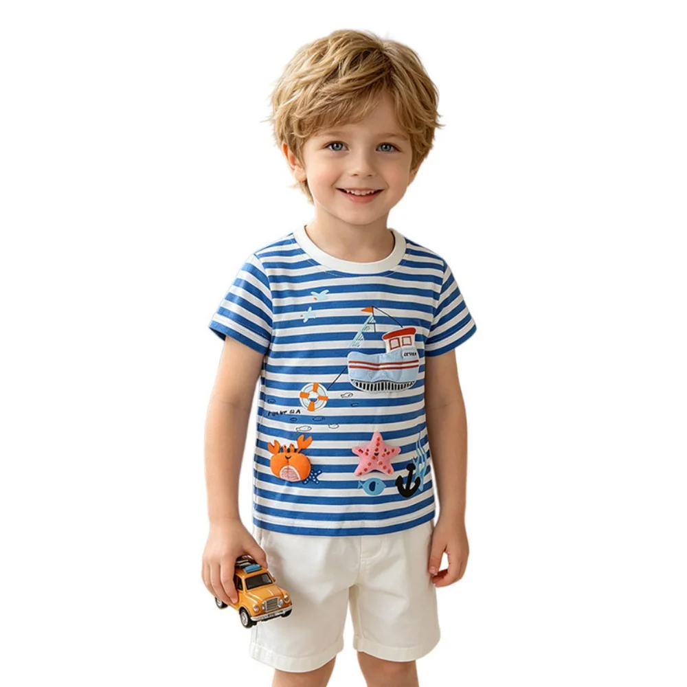 Jumping Meters 3-8T New Arrival Striped Sailboats Summer Boys Kids Tees Fashion Girls Tshirts Baby Clothes Children's Tees Tops