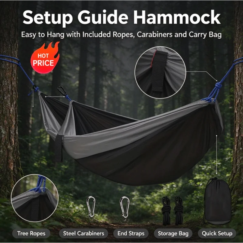 Portable Lightweight Parachute Nylon Camping Hammock, Outdoor Gear for Backpacking Survival Travel, Camping Accessory Christmas