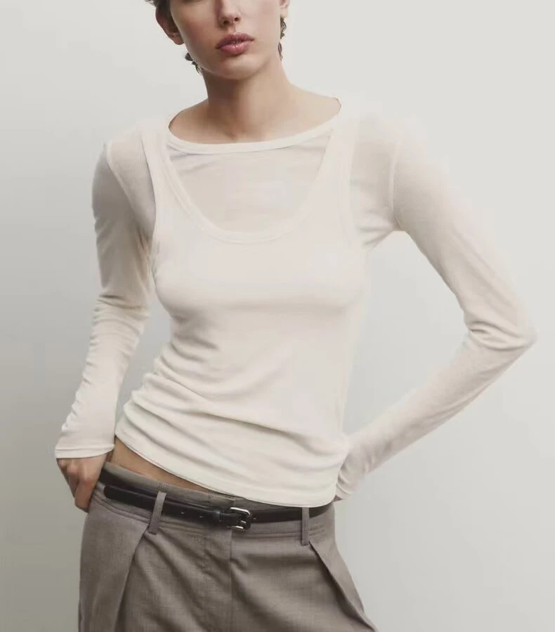 Dzianinowa długa bluzka z okrągłym dekoltem, dopasowana, jednolita, do pracy, jako warstwa bazowa, prążkowana, nowość 2024