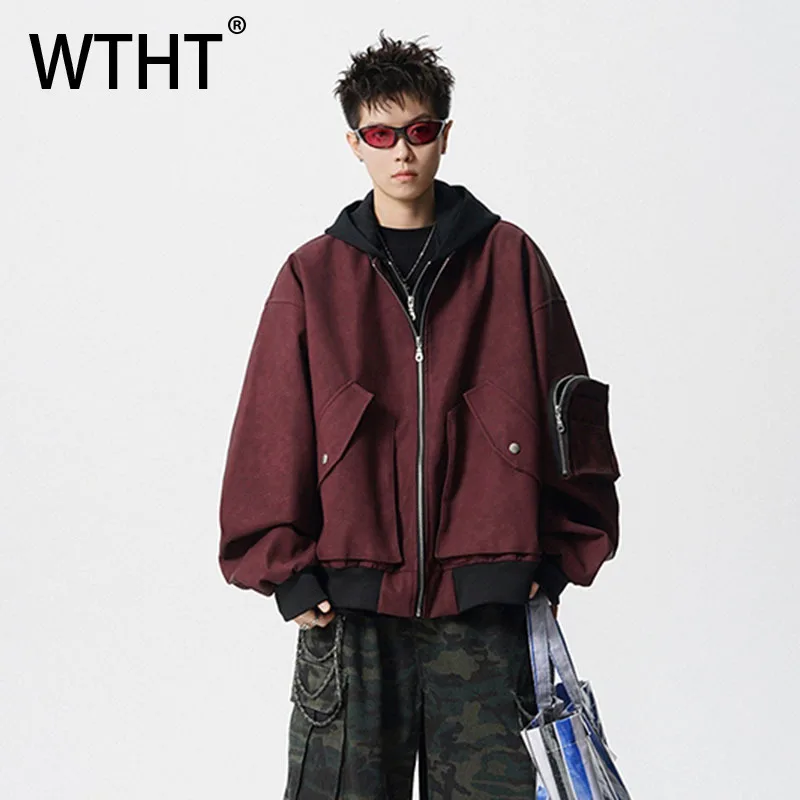 

WTHT Fashion Men's Spliced Fake Two-pieve Contrast Color Coats Trendy Hooded Zipper Loose Jackets Male 2025 Autumn 2A2220