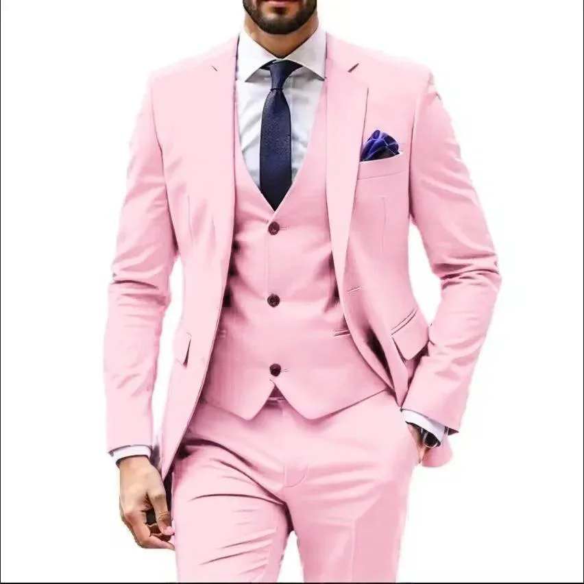 Slim Fit Solid Suit For Men 3 Piece Notch Lapel Two Buttons Blazer Vest Pants Set Wedding Tuxedo Formal Prom Party Male Suit