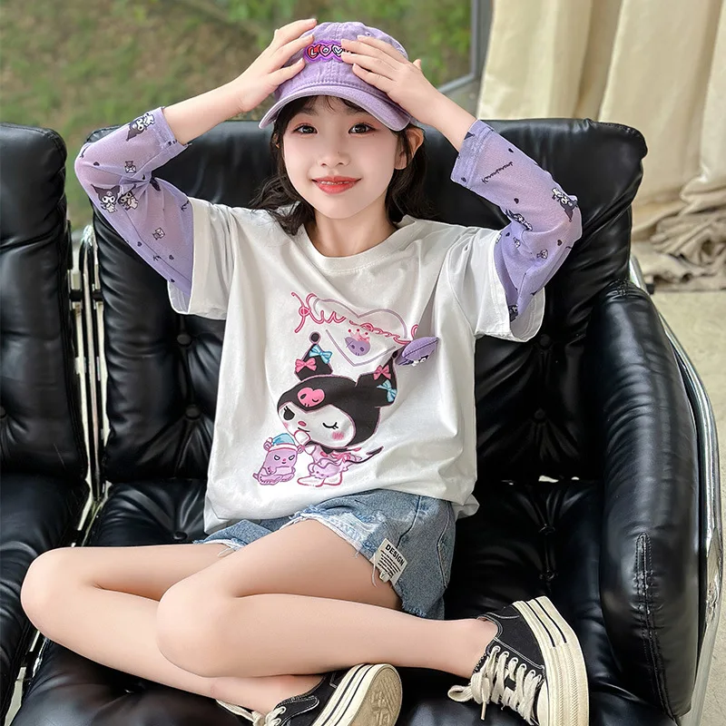 Kawaii Anime Kuromi Girls Short Sleeve Summer Sunscreen Long Sleeve T-Shirt Kids Fashion Cartoon Print Tops Versatile Shirt Cute