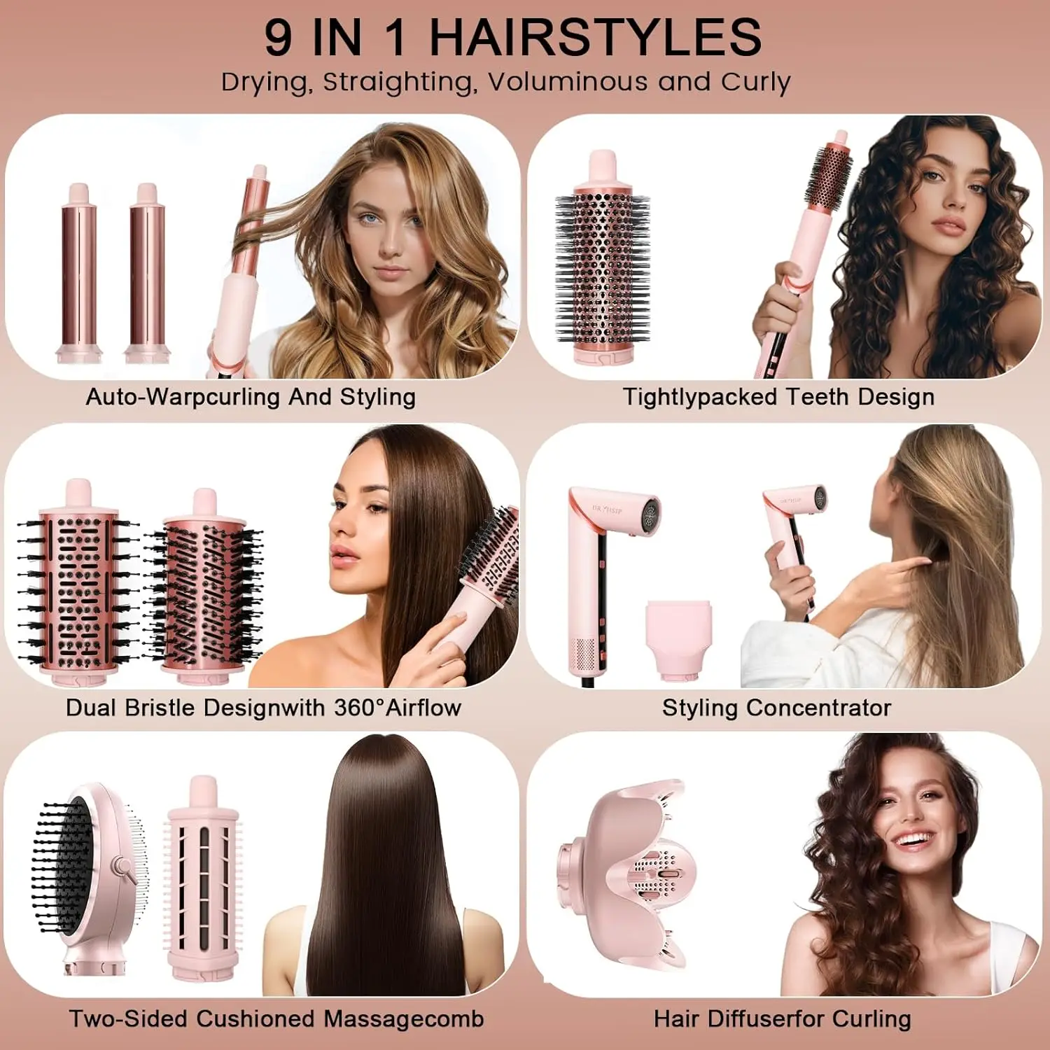 Картина 3: Стайлер с горячим воздухом 9 в 1 — высокоскоростная щетка для фена, 110 000 об/мин, складная щетка для фена с отрицательными ионами для быстрого сушки,