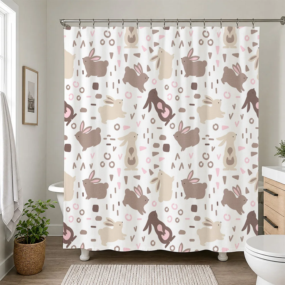 Waterproof Bunny Pattern Shower Curtain for Kids Bathroom Decor Cute Neutral Beige Rabbit Print Shower Liner Curtain for Modern