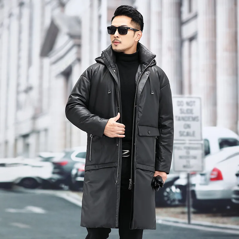 

Korean Winter Men's Long Sheepskin Leather Jacket Male Plus Size Coats Men Warm Fashion Hooded White Duck Down Pocket Overcoat