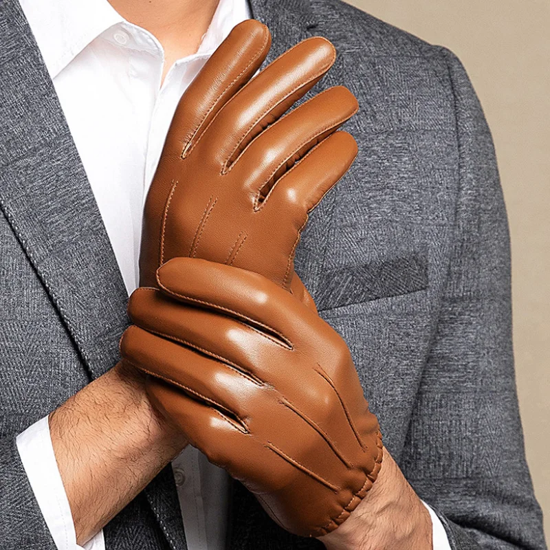 Guantes de piel de oveja de cuero genuino para hombre, guantes de conducción a la moda, cálidos para invierno, además de guantes deportivos de