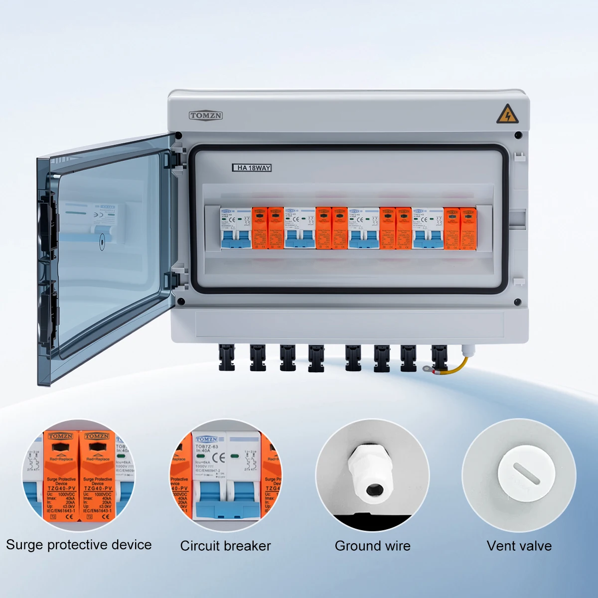 TOMZN Solar PV Combiner Box – 4 Input 4 Output, 1000VDC, Lightning Protection with MCB & SPD IP65 Waterproof 12-Way Distribution