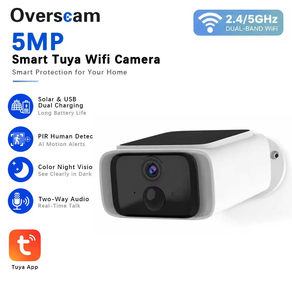 Caméra de sécurité solaire Tuya 5MP sans fil pour extérieur, caméra WiFi 2.4/5G pour la maison, panneau solaire fixe, conversation bidirectionnelle, surveillance étanche