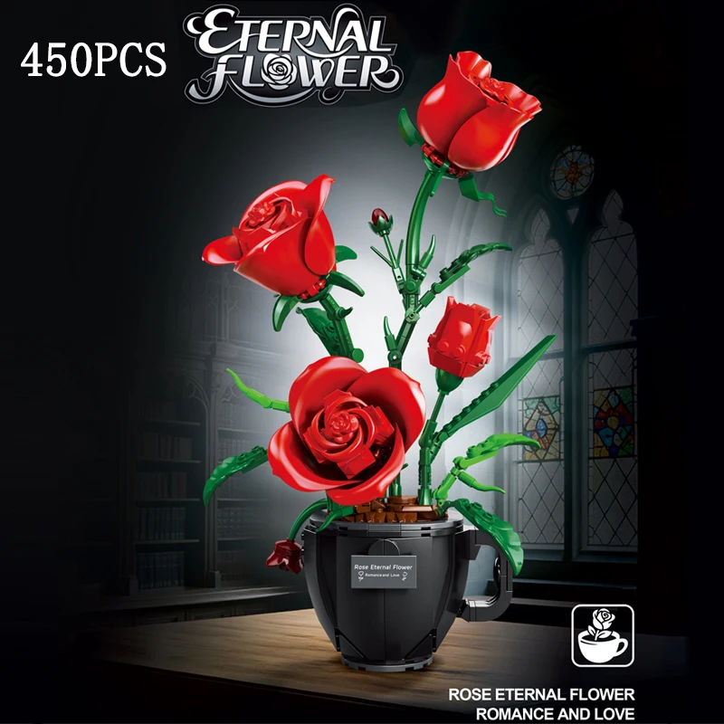 

450 шт., креативная чайная чашка, роза в горшке, букет растений, украшения, образовательная сборка, строительный блок, игрушка в подарок, цветочное украшение для дома