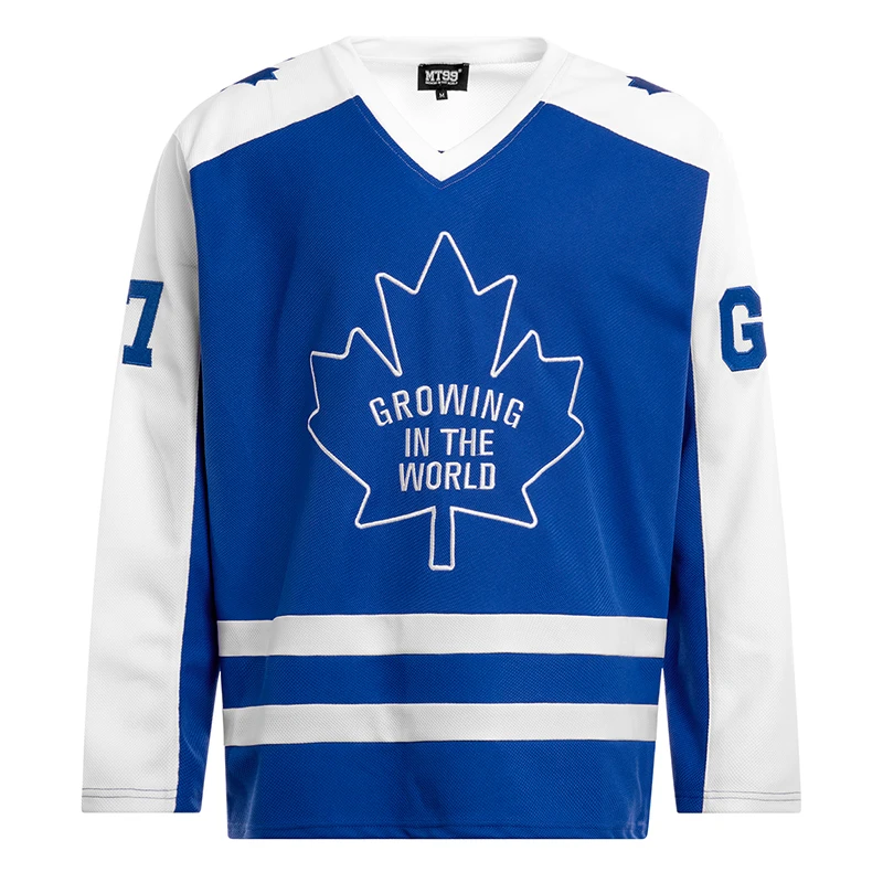 

Мужская сине-белая хоккейная майка с длинным рукавом и принтом кленового листа, лоскутная уличная одежда в стиле хип-хоп, свободный спортивный топ, пуловер, одежда