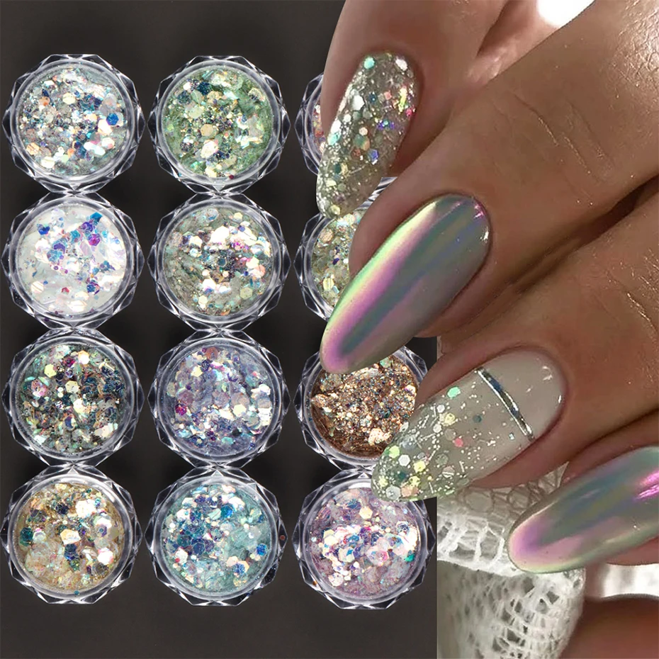 12 pièces sirène brillant hexagone Nail Art paillettes paillettes holographique poudre à ongles mixte Laser chatoyant manucure décoration fournitures
