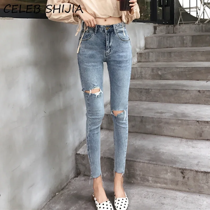 SHIJIA High Waist Elastic Skinny Jeans Woman Hole Ripped Denim Pencil Jeans Female Light Blue Vintage Bottoms Femme Chic