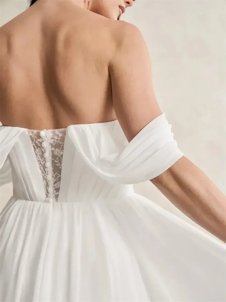 New Arrival Wedding Dresse 2026 Off Shoulder Pleats Open Back Lace Chiffon Sweep Train A Line Beach Bridal Bride Gowns Vestidos