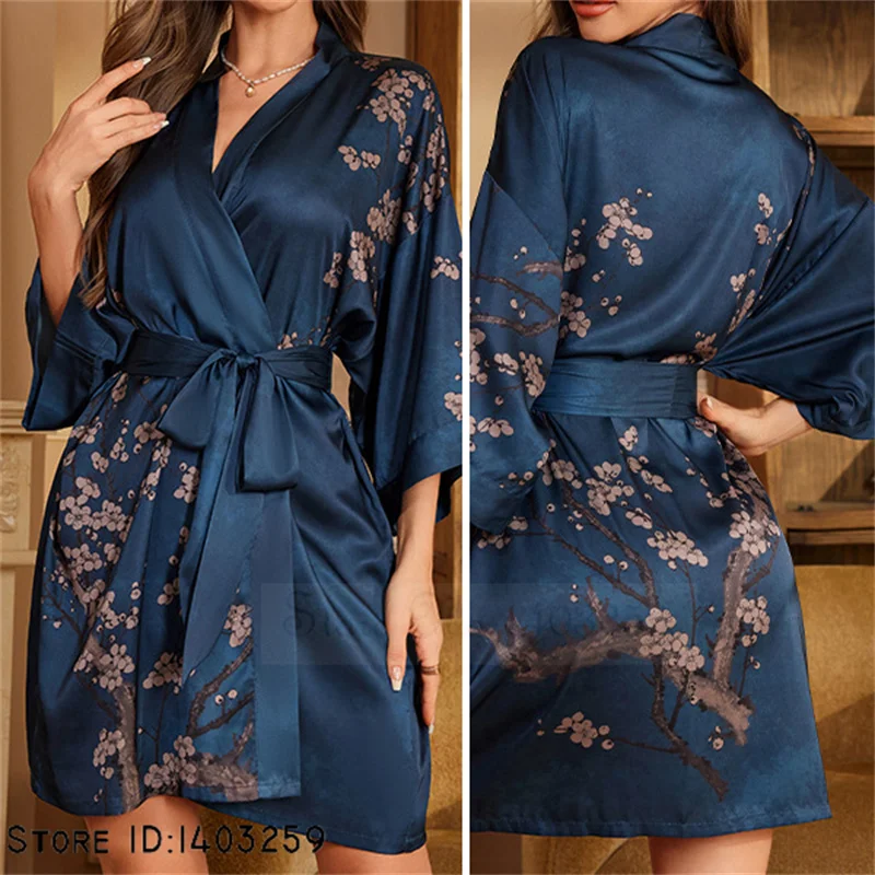 Plus Size Women's Robe Sleepwear Elegant Chinese Style Print Flower Kimono Bathrobe Gown Home Dress Summer Silk Satin Loungewear