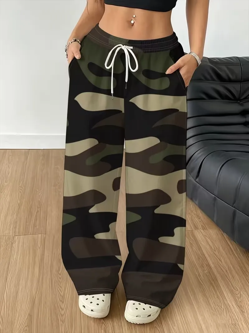 Neue Freizeit-Hosen für Damen, gerade geschnittene Hosen mit 3D-Camouflage-Muster und Farbverlauf, Retro-Sport-Hosen mit Kordelzug, elastischen Taschen und lockerem Schnitt.
