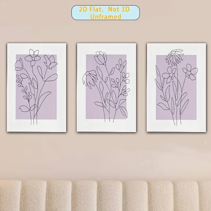 2D Flat, 2D Flat, 3pcss, Frameless, 3pcs Set, Lavender Flower Wall Art Prints, Mounted Canvas Posters, Artwork, Suitable for