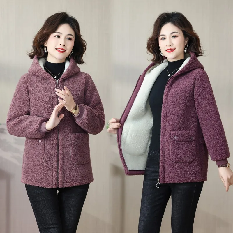 Lamb Wool Coat Women's Middle-Aged MoM Winter Plush Cotton Hoodie Jacket Female Warm Large Size Polar Fleece Outewear