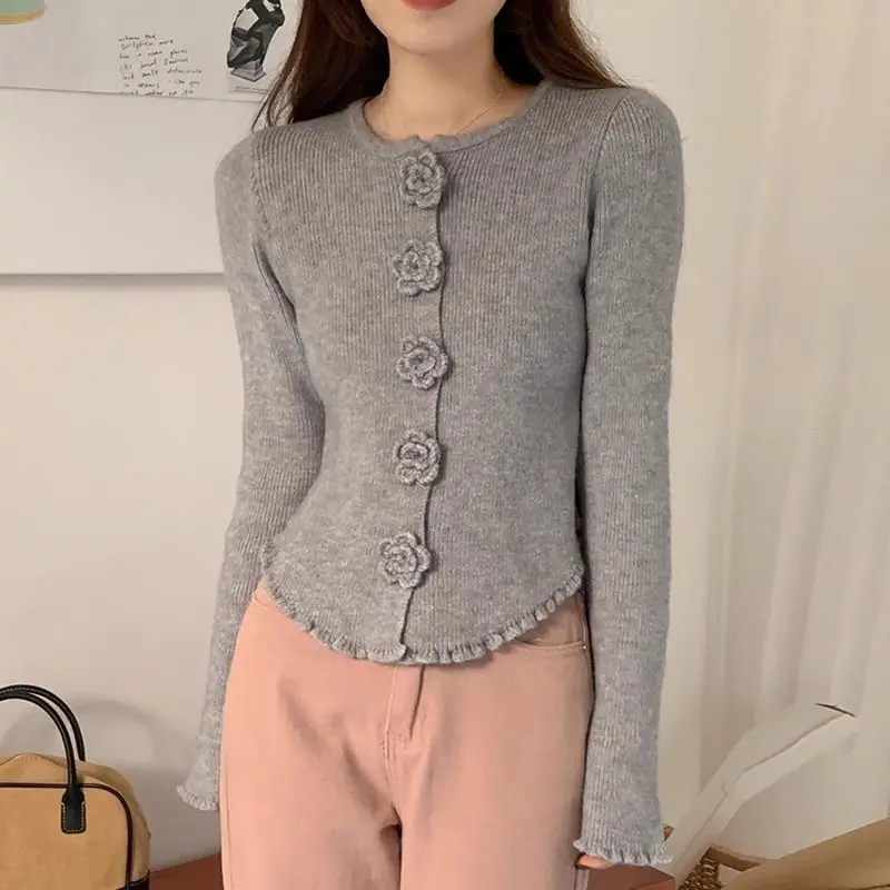 

Miiiix Korean Chic French Round Neck Three-dimensional Flower Design Feeling Women's Slim Fit Long Sleeved Knitted Sweater