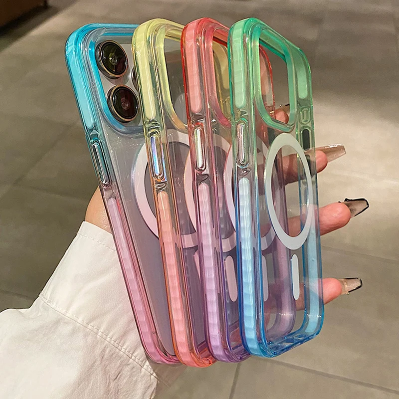 

Хит-цвет, прозрачный противоударный чехол для телефона Magsafe для iPhone 17, 15 Pro, 13, 14, 15 Pro Max, чехол для беспроводной зарядки, жесткая задняя крышка