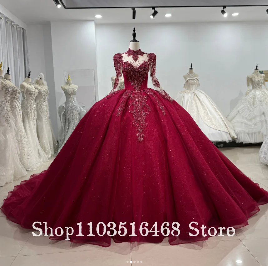 

Красные кристаллы, платья принцессы Quinceanera, расшитые блестками, кружевные украшения с вышивкой, бретельки из рыбьей кости, юбка-пачка, бальное платье по индивидуальному заказу