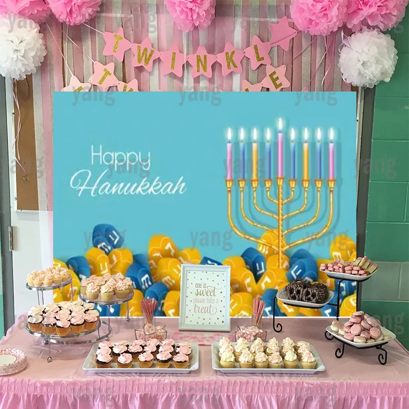 Candle Lights Warm Blue Backdrop Banner Wall Happy Hanukkah Custom Background Jewish Party Colorful Cartoon Bedroom Decoration