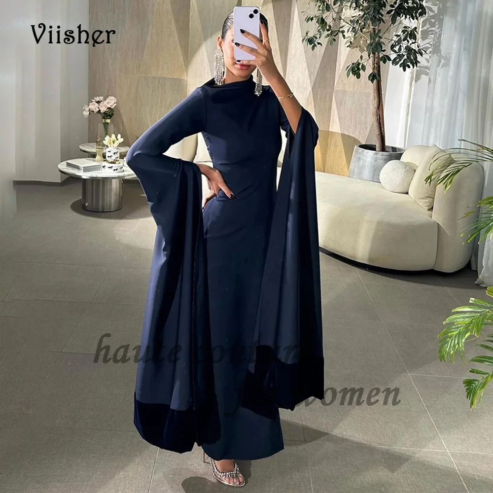 

Navy Blue Satin Prom Dresses Long Sleeve Boat Neck Arabian Dubai Evening Party Dress Ankle Length Formal Evening Gowns
