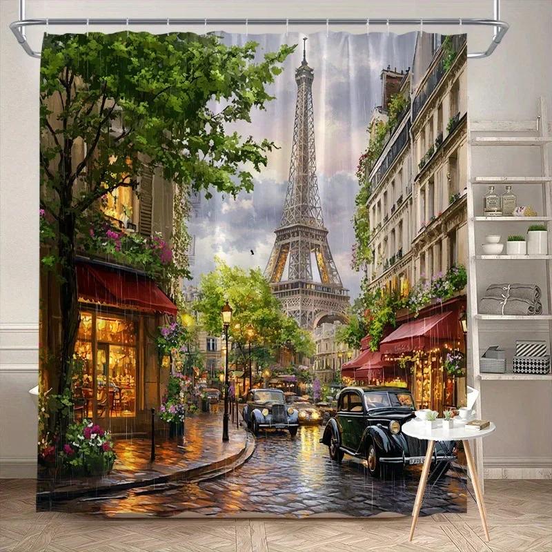 

Романтическая парижская уличная занавеска для душа — Эйфелева башня, винтажные автомобили, уличная булыжника, полиэстер, 12 крючков