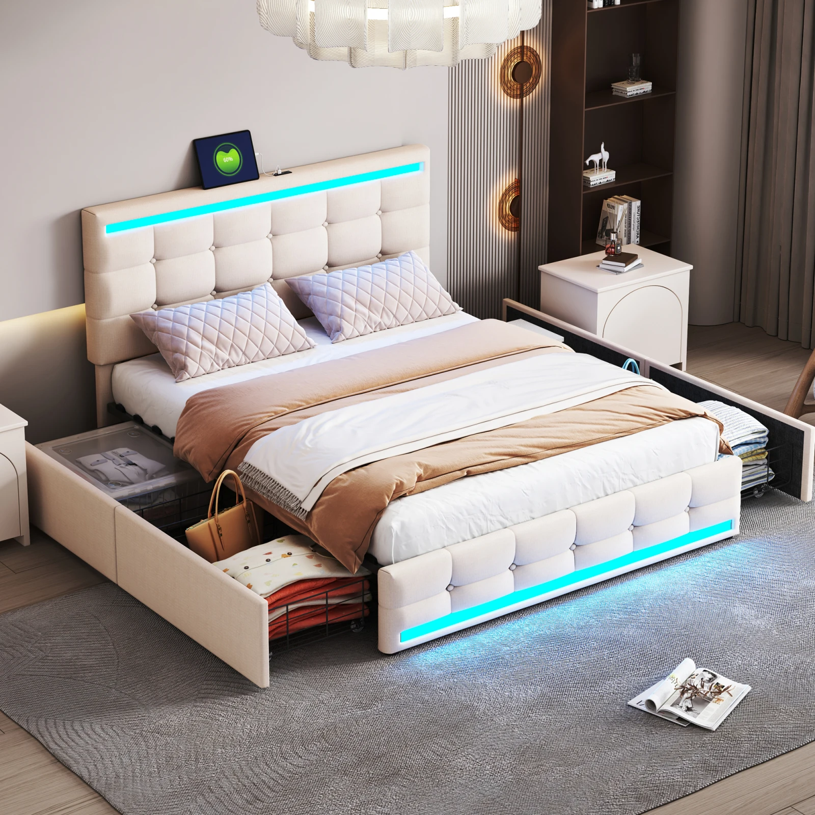 Upholstered Bed 140 x 200 cm with LED Lighting  4 Drawers, Double Bed Frame with Slatted Frame and Height-Adjustable Headboard