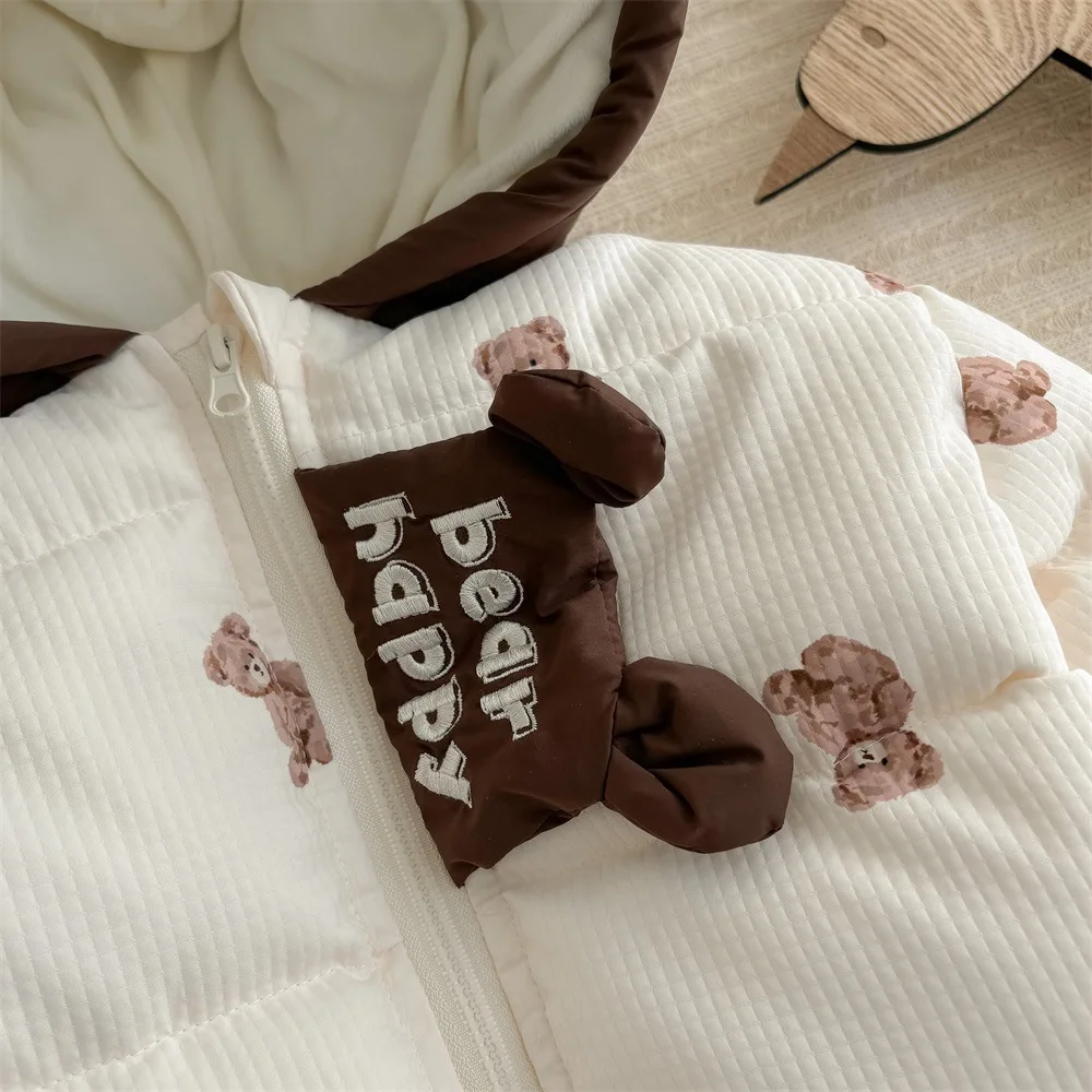 Winter Ins Infant Boys Parkas Cartoon Bear Hooded Warm Thick Baby Boys Coat Plus Velvet Cotton Quilted Toddler Boys Jacket