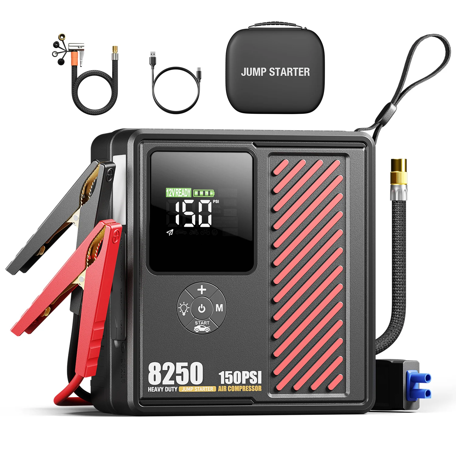

2700A 13200mAh Smart Car Jump Starter Power Bank with Digital Air Compressor 150PSI Tire Pump Inflator 760CCA for SUV/Car