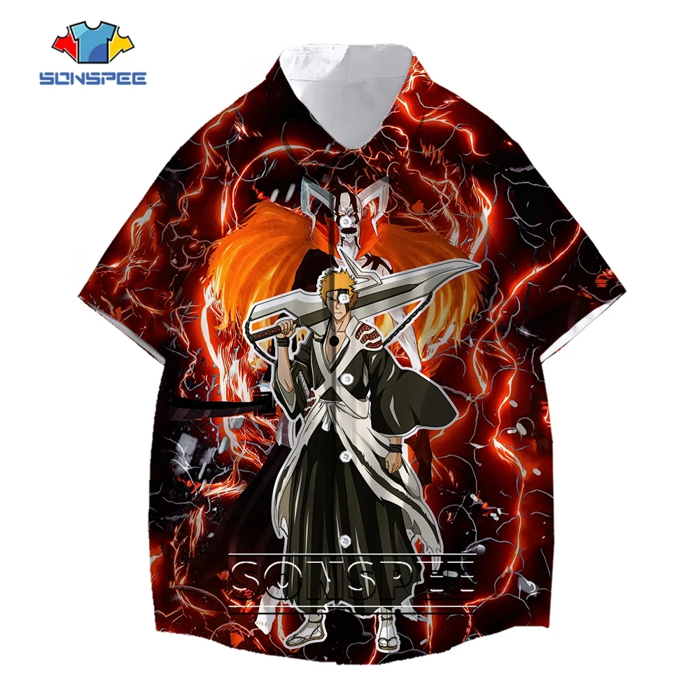 

SONSPEE Summer Japan Manga BLEACH Kurosaki Ichigo 3D Print Shirt Men Women's Graphic Anime Street Short Sleeve Oversize Blouse