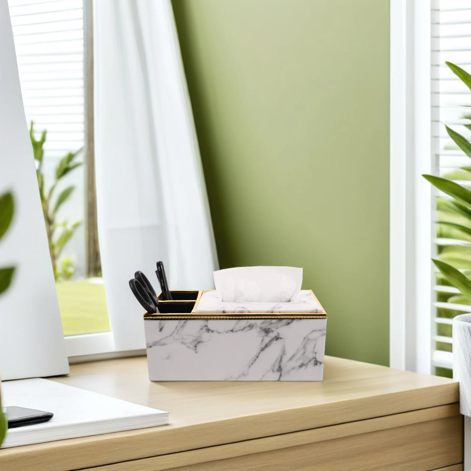 

2Pcs Multifunctional PU Tissue Box Organizer Rectangle Marbling Style Modern Decorative Storage Box Remote Holder