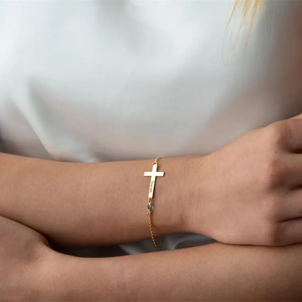 Custom Cross Name Bracelet Christian Jewelry Gold Plated Birthstone Charm Engraved Nameplated Bracelets Baptism Gift