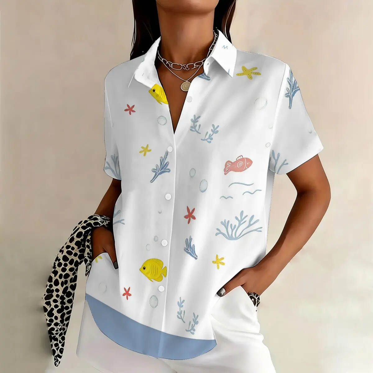 

Летняя модная женская рубашка с короткими рукавами и отложным воротником больших размеров, с милыми и яркими принтами тропических рыб, морских звезд и кораллов, идеально подходит.
