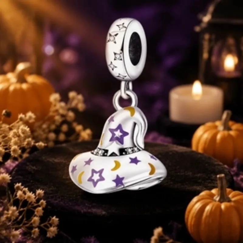 Halloween S925 Sterling Silver Magic Hat Pendant Beads Original Bracelets DIY Charms Jewelry for Womens Festival Gift