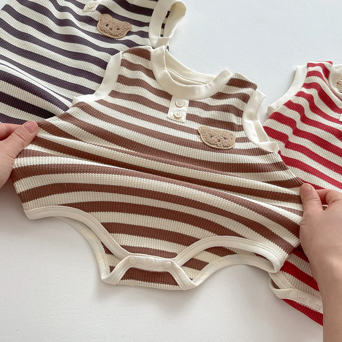 Summer Bear pagliaccetti per neonate ragazzi Cute Stripe Toddler tuta intera moda coreana tuta infantile abbigliamento 0-2 anni