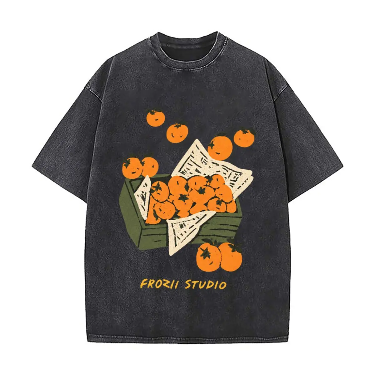 FROZII STUDIO Persimmon Fruit Newspaper Illustration Washed Short Sleeve Loose Streetwear Tee Hip Hop