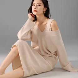 2024 New Cashmere Knit Set Women's V-neck Loose Large Size Pullover Sweater Medium Long Strap Dress 100% Pure Wool Two Piece Set