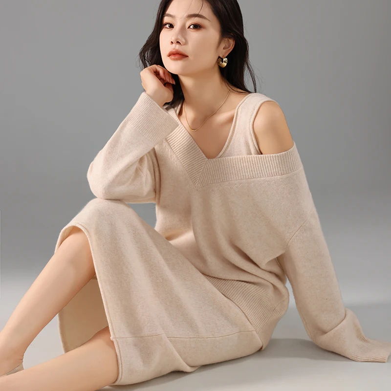 2024 New Cashmere Knit Set Women's V-neck Loose Large Size Pullover Sweater Medium Long Strap Dress 100% Pure Wool Two Piece Set